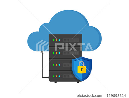 Secure Data Cloud Server Rack with Shield and Lock Stock Illustration. 139898814