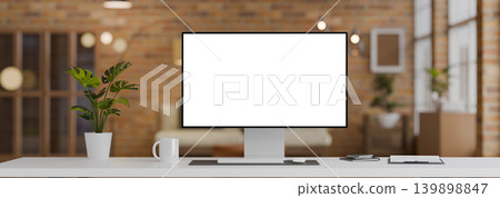 Modern workspace desk with blank monitor mockup in cozy brick room 3D rendering Modern workspace desk with blank monitor mockup in cozy brick room 3D rendering 139898847