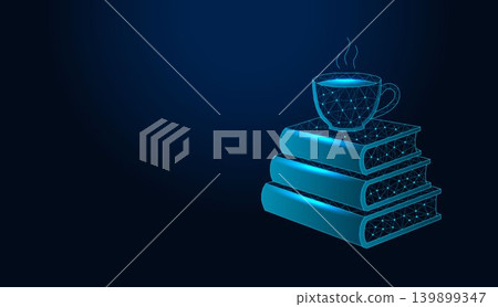 Low poly wireframe coffee cup on stack of books on dark blue background. Low poly wireframe coffee cup on stack of books on dark blue background. 139899347