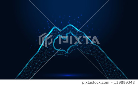 Low poly wireframe hands forming heart shape on dark blue background. Low poly wireframe hands forming heart shape on dark blue background. 139899348