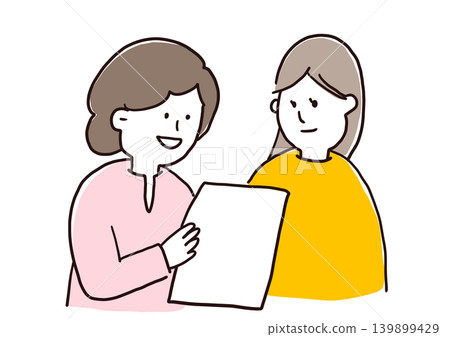 Two women are talking with smiles on their faces while holding pieces of paper. Two women are talking with smiles on their faces while holding pieces of paper. 139899429