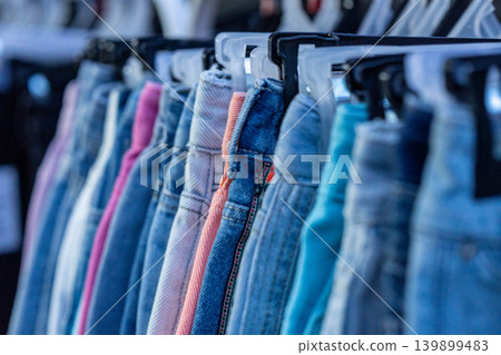 Close-up of various denim jeans hanging on a clothing rack in a retail shop. Close-up of various denim jeans hanging on a clothing rack in a retail shop. 139899483