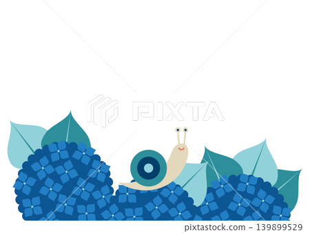 雨季插畫中，一隻可愛的蝸牛趴在繡球花上。 139899529