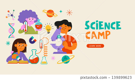 Colorful science camp poster and banner design. Kids learning and doing biology and chemistry 139899623