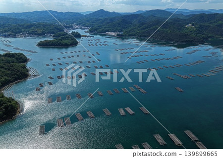 An aerial photograph overlooking the bay in Mushimyo, Oku-cho, Setouchi City, Okayama Prefecture, where oyster rafts are spread out. 139899665