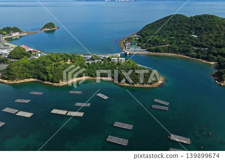 空拍照片顯示了瀨戶內市奧町蟲名的牡蠣養殖筏和島嶼。 139899674