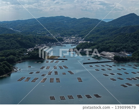 An aerial photograph showing oyster raft farming in Mushimyo, Oku-cho, Setouchi City. An aerial photograph showing oyster raft farming in Mushimyo, Oku-cho, Setouchi City. 139899679