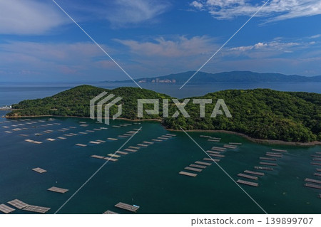 一張空拍照片顯示了瀨戶內市奧町的蟲名和長島附近的牡蠣養殖筏。 139899707