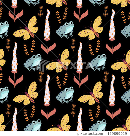 seamless pattern with frogs, butterflies and flowers on black seamless pattern with frogs, butterflies and flowers on black 139899929