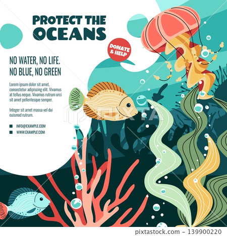 World Oceans Day Event Banner. Tropical Fish and Jellyfish in Coral Reef. Protect the Oceans Environmental Activism Template. Flat Style Vector Illustration. World Oceans Day Event Banner. Tropical Fish and Jellyfish in Coral Reef. Protect the Oceans Environmental Activism Template. Flat Style Vector Illustration. 139900220