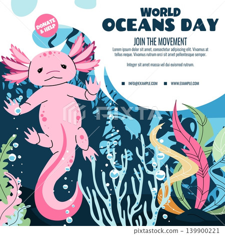 World Oceans Day Social Media Banner. Adorable Axolotl Swimming Among Seaweed and Coral. Environmental Awareness and Charity Campaign Template. Flat Design Vector. World Oceans Day Social Media Banner. Adorable Axolotl Swimming Among Seaweed and Coral. Environmental Awareness and Charity Campaign Template. Flat Design Vector. 139900221