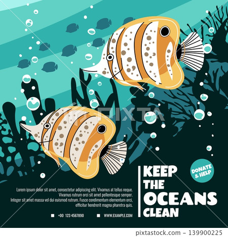 World Oceans Day Awareness Poster. Two Tropical Fish Swimming Among Coral Silhouettes. Environmental Protection and Ecology Concept. Flat Design Vector. World Oceans Day Awareness Poster. Two Tropical Fish Swimming Among Coral Silhouettes. Environmental Protection and Ecology Concept. Flat Design Vector. 139900225