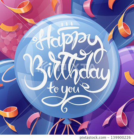 Happy Birthday Square Greeting Card. Blue Balloon with White Calligraphy Text, Pink Confetti Balloon and Curling Ribbons. Perfect for Banner, Social Media Post, Flyer or Invitation. 139900226