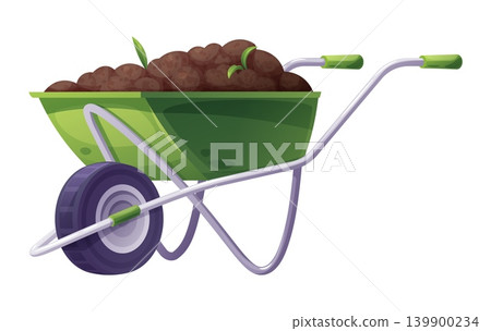 Green Garden Wheelbarrow Filled with Soil. Essential Equipment for Spring Gardening, Landscaping, and Farming. Heavy Duty Cart for Transporting Dirt, Compost, and Plants. 139900234
