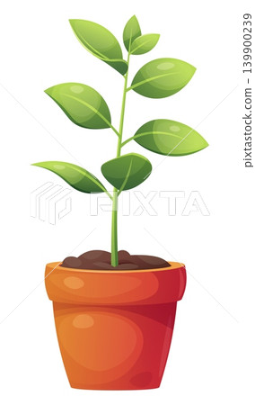 Young Green Plant in Terracotta Pot. Spring Gardening and Nature Concept, Fresh Leafy Sprout in Clay Flowerpot for Home Decor, Isolated Vector Illustration Young Green Plant in Terracotta Pot. Spring Gardening and Nature Concept, Fresh Leafy Sprout in Clay Flowerpot for Home Decor, Isolated Vector Illustration 139900239