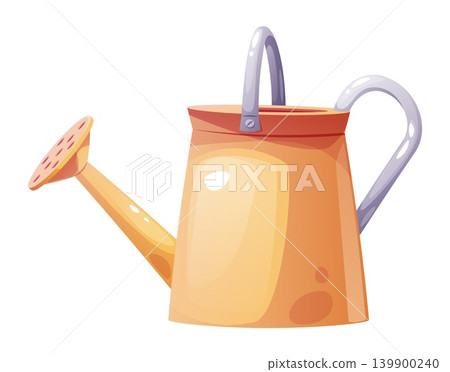 Orange Watering Can with Purple Handle. Essential Garden Tool for Spring Planting, Indoor Plants Care, and Outdoor Gardening. Classic Design for Watering Flowers, Vegetables, and Lawn Illustration 139900240