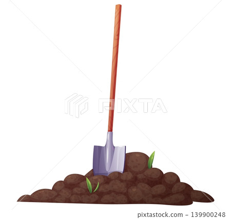 Garden Shovel with Wooden Handle Stuck in Soil Pile. Essential Tool for Spring Digging, Planting, Farming, and Construction Work. Fresh Earth with Green Sprouts Illustration Garden Shovel with Wooden Handle Stuck in Soil Pile. Essential Tool for Spring Digging, Planting, Farming, and Construction Work. Fresh Earth with Green Sprouts Illustration 139900248