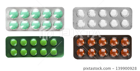 Set of various medical pills, tablets and capsules in blisters isolated on white background. Set of various medical pills, tablets and capsules in blisters isolated on white background. 139900928
