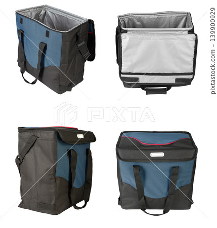 Insulated cooler bag set isolated on white background, thermal food delivery and picnic bag Insulated cooler bag set isolated on white background, thermal food delivery and picnic bag 139900929