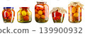 Set of pickled tomatoes in glass jars isolated on white background, homemade preserved vegetables 139900932
