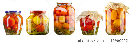 Set of pickled tomatoes in glass jars isolated on white background, homemade preserved vegetables 139900932