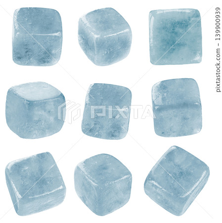 Blue ice cubes isolated on white background, frozen water cubes set, cold drink concept Blue ice cubes isolated on white background, frozen water cubes set, cold drink concept 139900939