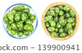 Fresh green gooseberries in bowls set, top view isolated on white 139900941