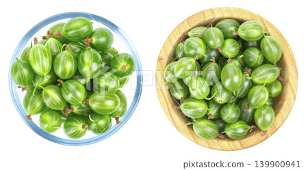 Fresh green gooseberries in bowls set, top view isolated on white Fresh green gooseberries in bowls set, top view isolated on white 139900941