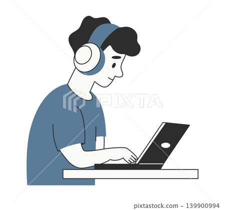 Man in Profile with Noise-Cancelling Headphones Working at Laptop. Male Freelancer Professional Employee Focused on Task. Minimalist Flat Vector Illustration. Remote Work and Online Education Man in Profile with Noise-Cancelling Headphones Working at Laptop. Male Freelancer Professional Employee Focused on Task. Minimalist Flat Vector Illustration. Remote Work and Online Education 139900994