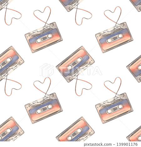 Cassette tape, ribbon shaped as heart, seamless pattern. Hand-painted watercolor illustration isolated on white for travel blogs, music branding, retro poster, printing on packaging, clothing, decor Cassette tape, ribbon shaped as heart, seamless pattern. Hand-painted watercolor illustration isolated on white for travel blogs, music branding, retro poster, printing on packaging, clothing, decor 139901176