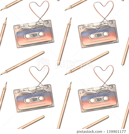 Cassette tape, ribbon shaped as heart, pencil seamless pattern. Hand-painted watercolor illustration isolated on white for blogs, music branding, retro poster, printing on packaging, clothing, decor 139901177