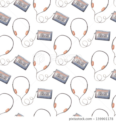 Cassette player, headphones, seamless pattern. Hand-painted watercolor illustration isolated on white. Retro accessory for blogs, music branding, retro poster, printing on packaging, clothing, decor Cassette player, headphones, seamless pattern. Hand-painted watercolor illustration isolated on white. Retro accessory for blogs, music branding, retro poster, printing on packaging, clothing, decor 139901178