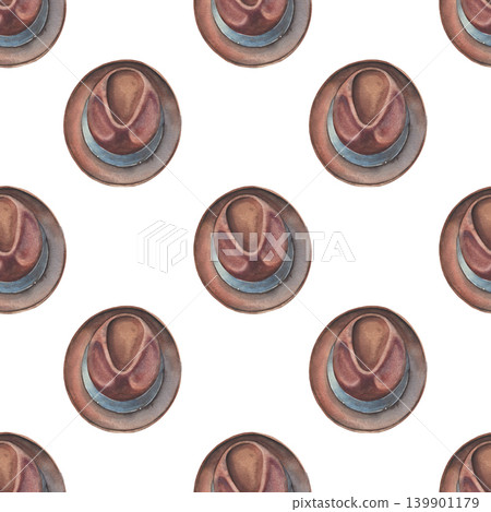 Retro men hat seamless pattern. Hand-painted watercolor illustration isolated on white. Stylish template for fashion branding, poster, printing on packaging, clothing, decor, hipster, gentlemen design Retro men hat seamless pattern. Hand-painted watercolor illustration isolated on white. Stylish template for fashion branding, poster, printing on packaging, clothing, decor, hipster, gentlemen design 139901179