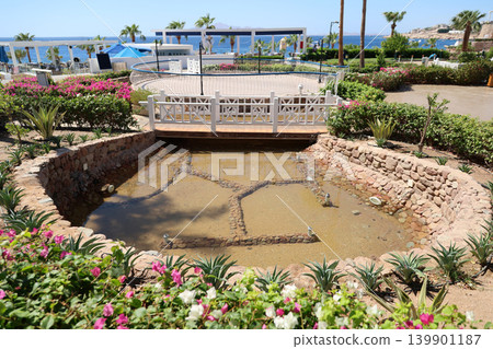 A neat pond with a bridge overlooking the sea 139901187