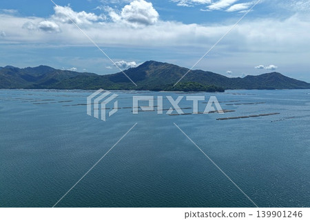 從空中俯瞰廣島縣初日市宮島海岸附近的牡蠣養殖筏場。 從空中俯瞰廣島縣初日市宮島海岸附近的牡蠣養殖筏場。 139901246