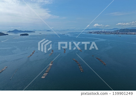 從空中俯瞰廣島縣初日市宮島海岸的牡蠣養殖筏。 從空中俯瞰廣島縣初日市宮島海岸的牡蠣養殖筏。 139901249