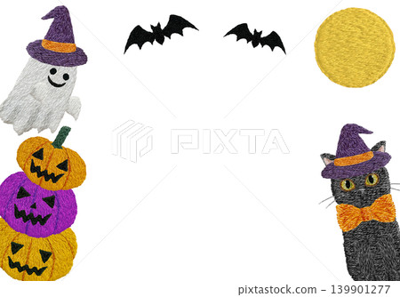 [Horizontal frame with a giant pumpkin, bat, ghost, and black cat] Hand-embroidered illustration material 139901277