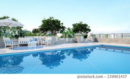 Luxury rooftop swimming pool with modern terrace lounge and city view, 3D Rendering 139901437