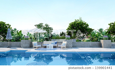 Luxury rooftop swimming pool with modern terrace lounge and city view, 3D Rendering 139901441