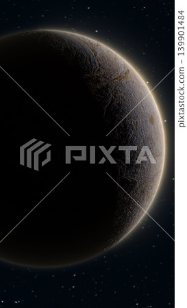 Dramatic planet with rocky surface and glowing rim light in starry outer space, cinematic sci-fi scene Dramatic planet with rocky surface and glowing rim light in starry outer space, cinematic sci-fi scene 139901484