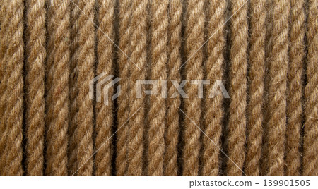 The detailed, rustic texture of intertwined natural fiber rope 139901505