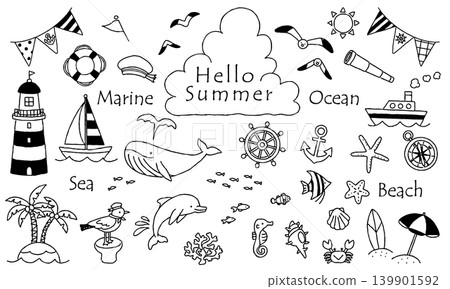 Marine-themed illustration set, hand-drawn line art, monochrome. Marine-themed illustration set, hand-drawn line art, monochrome. 139901592