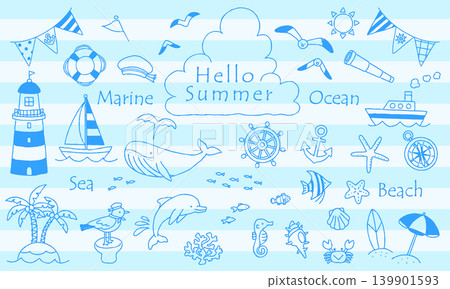 Marine-themed illustration set: Blue hand-drawn line art Marine-themed illustration set: Blue hand-drawn line art 139901593