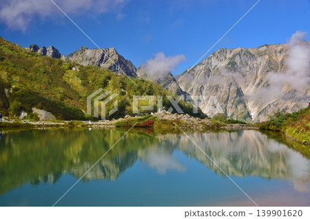 The peaks of Hakuba reflected in Happo Pond The peaks of Hakuba reflected in Happo Pond 139901620