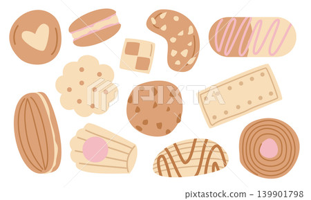 Cookie Vector Set with Hand Drawn Cute Biscuits and Sweets Isolated on White Cookie Vector Set with Hand Drawn Cute Biscuits and Sweets Isolated on White 139901798