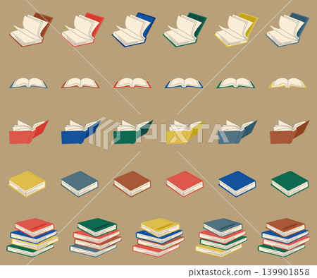 一套復古多彩的圖標圖案,圖案為成堆的書籍和百科全書,書頁都已打開。 一套復古多彩的圖標圖案,圖案為成堆的書籍和百科全書,書頁都已打開。 139901858