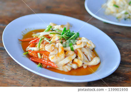 stir fried squid with vegetable, curry squid or squid salad stir fried squid with vegetable, curry squid or squid salad 139901930