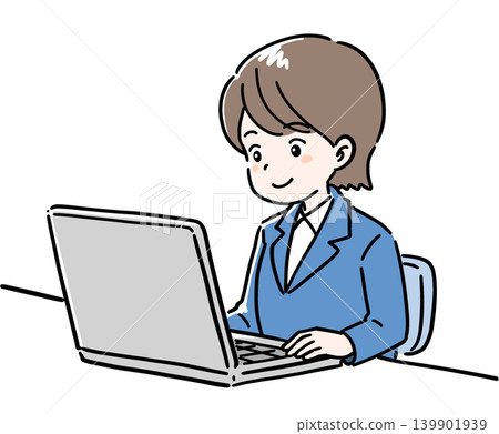 手繪女性使用電腦的插圖。 手繪女性使用電腦的插圖。 139901939