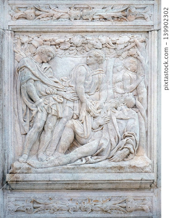 The Noah elation, relief on portal of Saint Petronius Basilica in Bologna, Italy 139902302