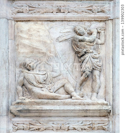 The Abel killing, Genesis relief on portal of Saint Petronius Basilica in Bologna, Italy 139902303